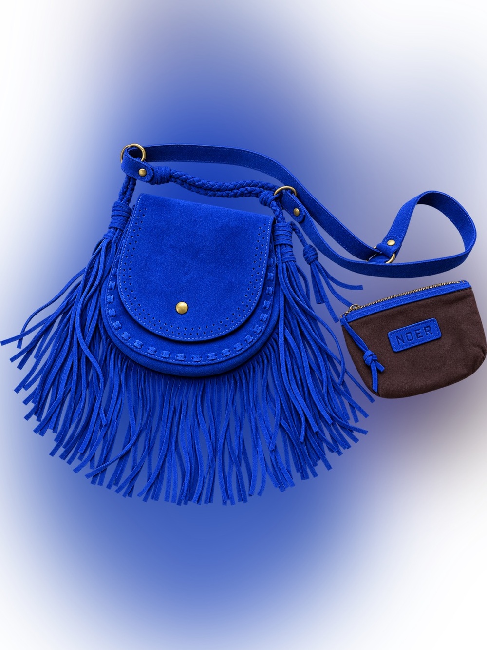 Genuine suede Fringe Crossbody Bag with Coin Pouch - Blue
